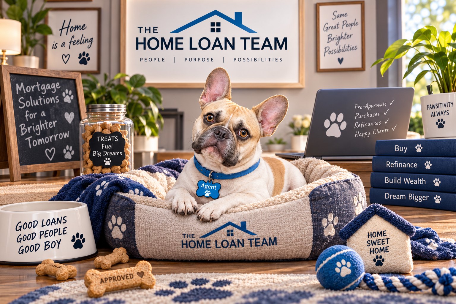 Hank the French bulldog in The Home Loan Team desktop assistant interface