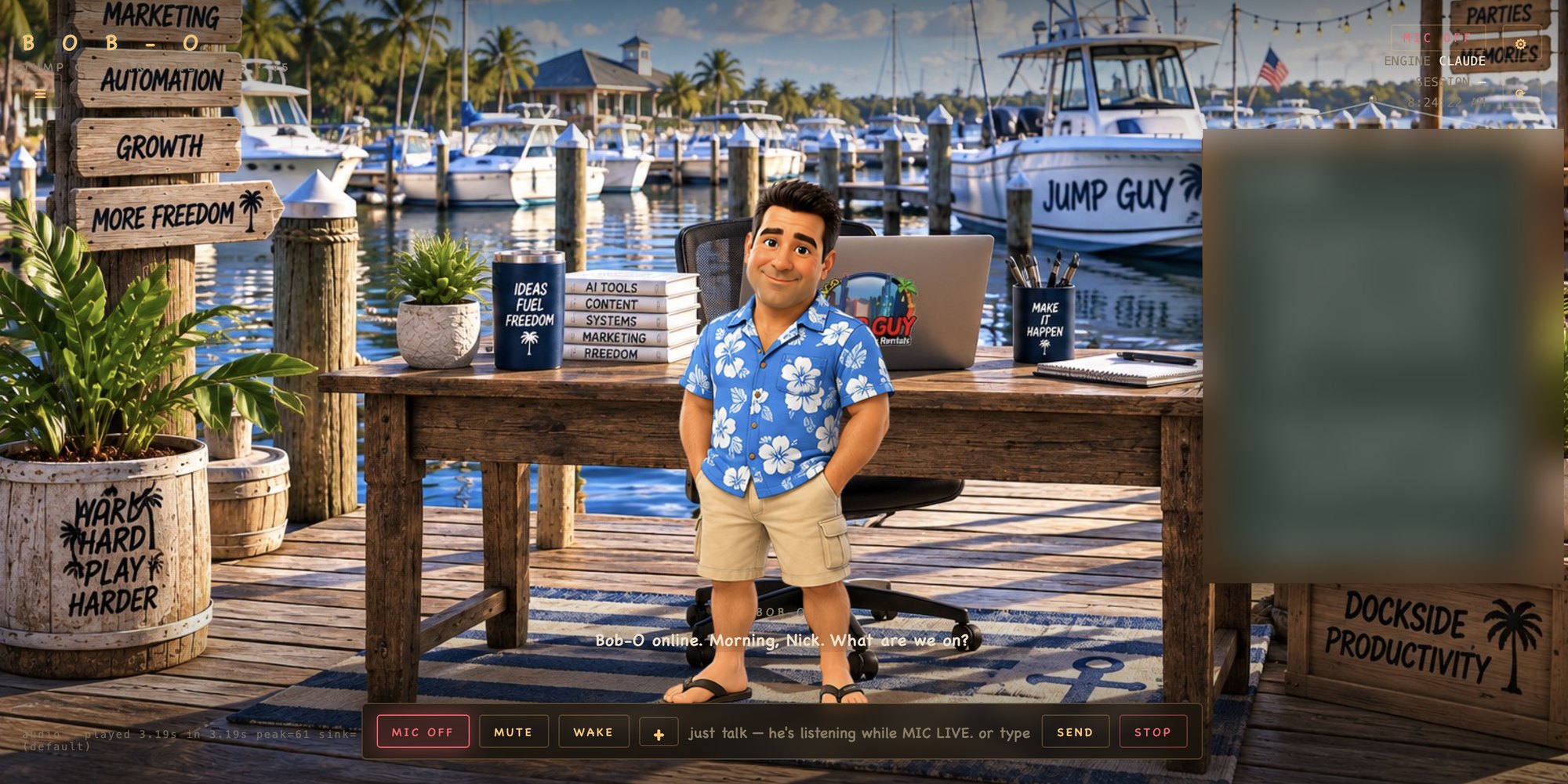 Bob-O in a marina desktop assistant interface