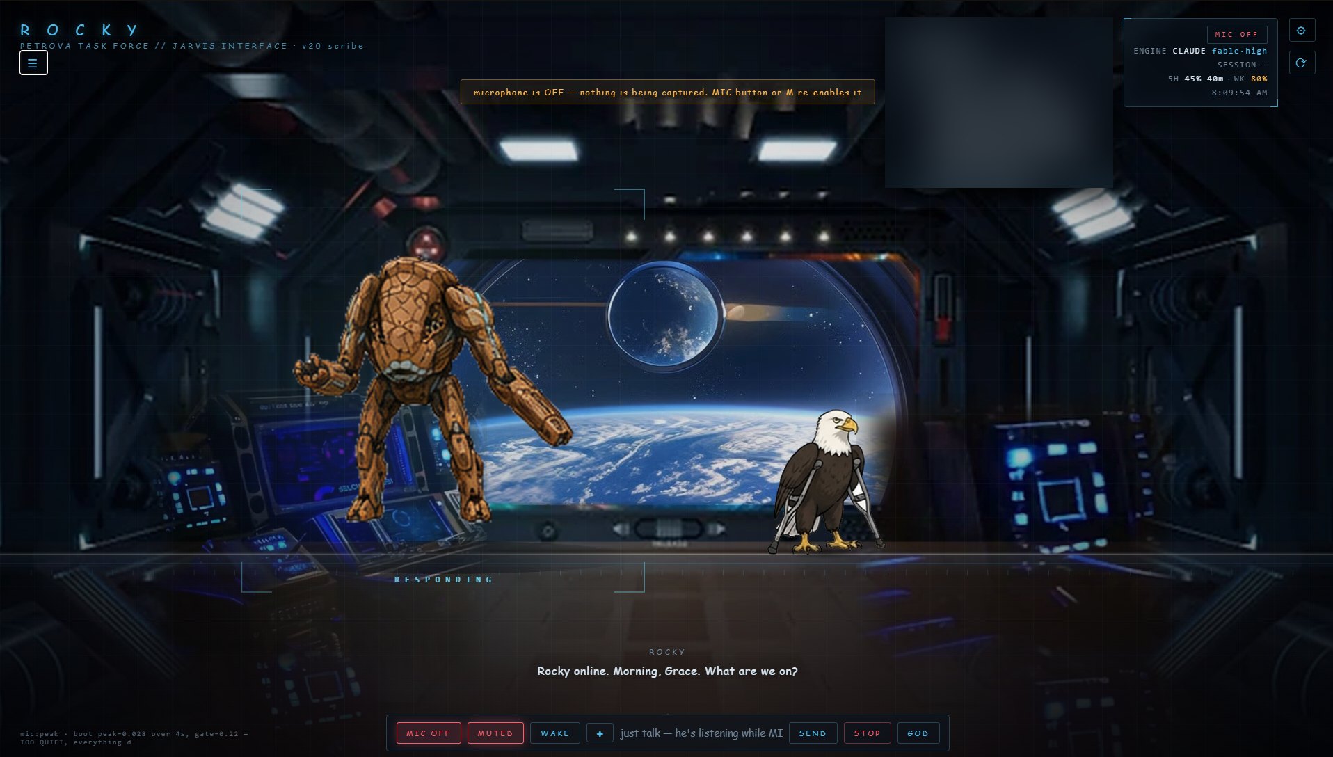 Rocky and Broken Arrow in a space-station desktop assistant interface