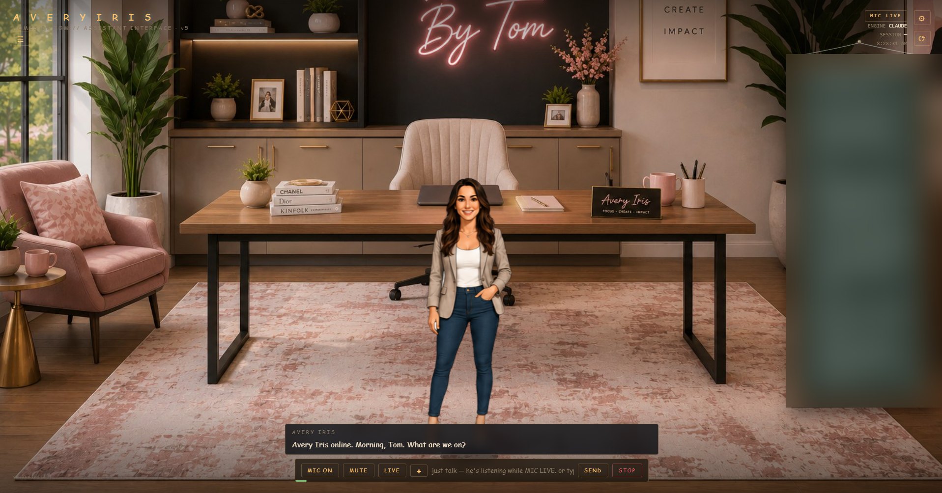 Avery Iris in her custom-home-builder desktop assistant interface